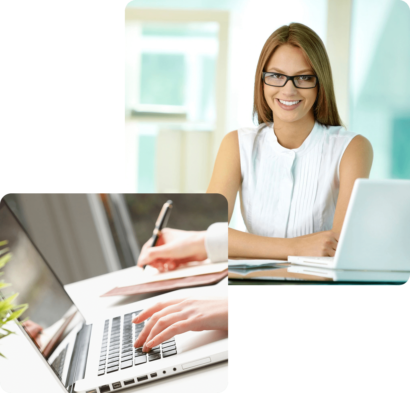 A woman sitting at a table with two laptops.